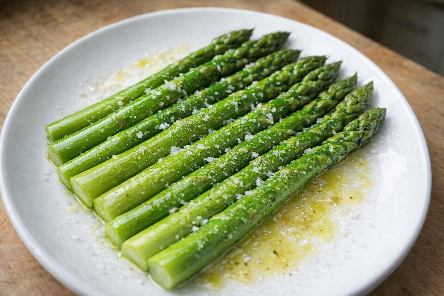A close-up, overhead shot of perfectly boiled asparagus, bright green, glistening with olive oil, sprinkled with flaky sea salt, arranged artfully on a white plate